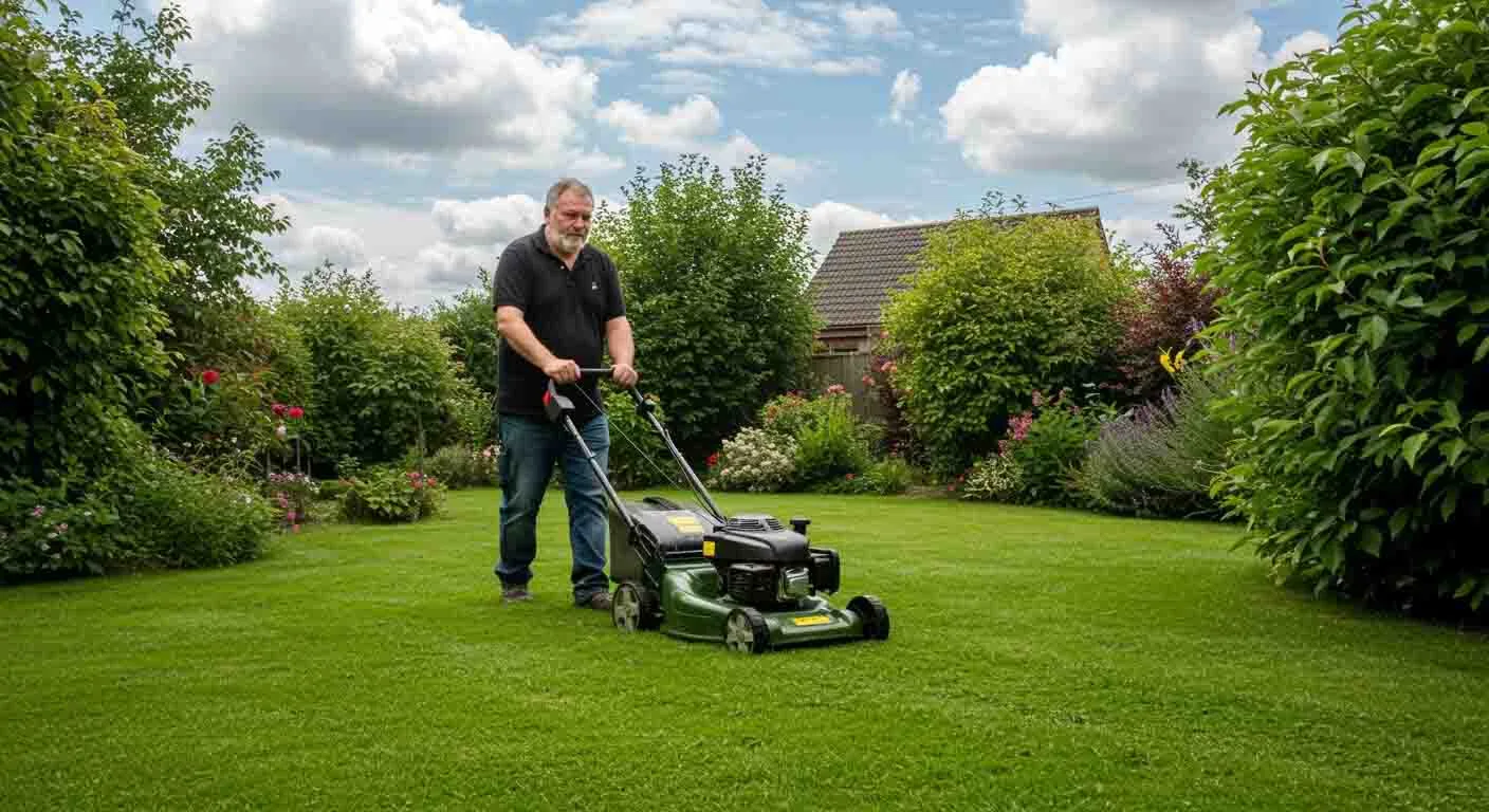 Man mowing lush green garden lawn
