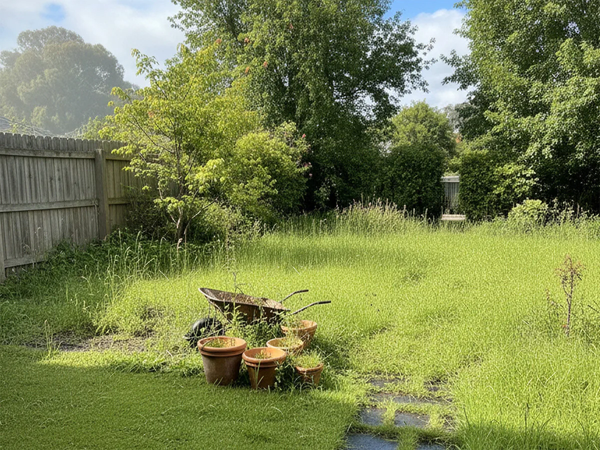 Overgrown and cluttered backyard before a full tidy up