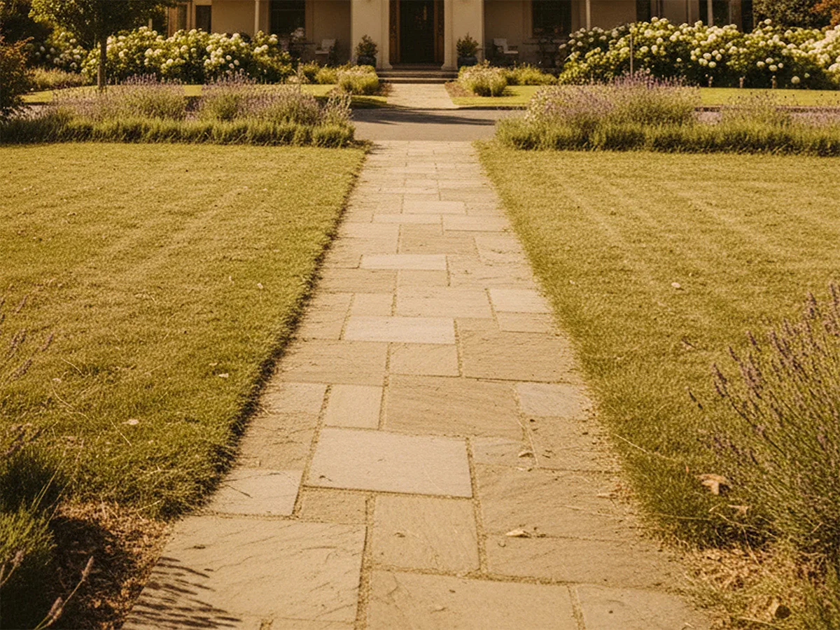 Overgrown lawn edges creeping over a garden path before work